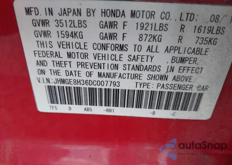 2013 Honda Fit из США, поврежденный, VIN JHMGE8H36DC007793